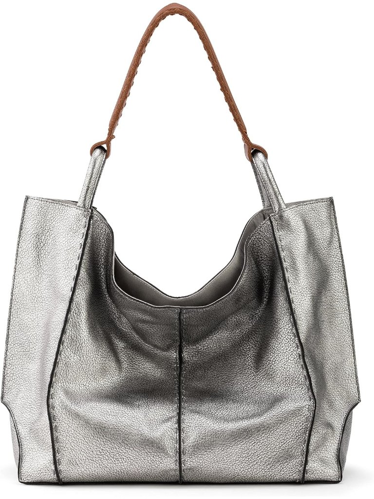 Women's Dark Silver Leather Zipper Pocket Shoulder Strap Slouchy Hobo Tote Bag